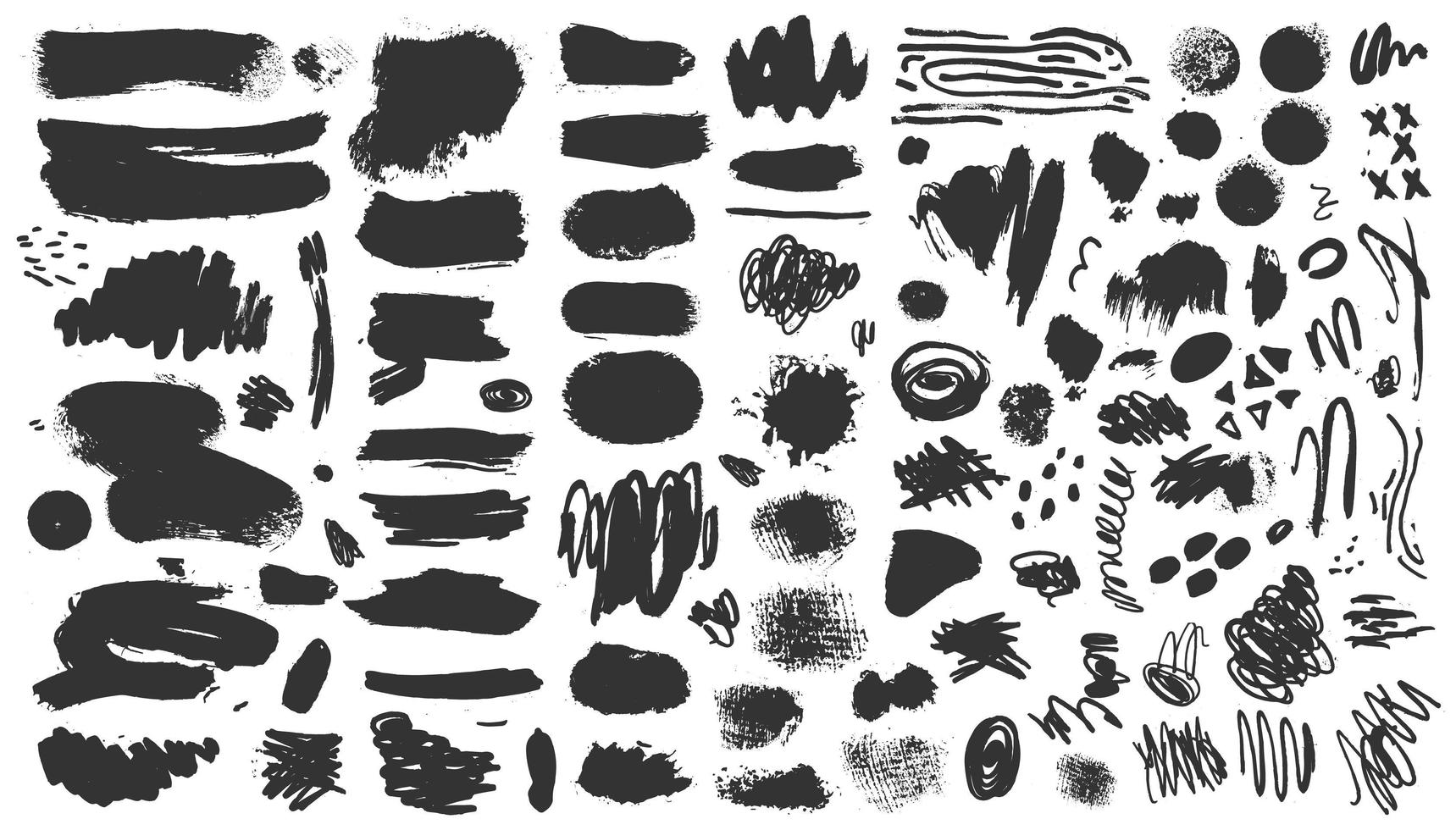 Vector hand drawn ink design elements. Sponge stamps, dry brush marks, splatter sprinkles, pastel pencil textures. Set of grunge black artistic brushstroke design elements isolated