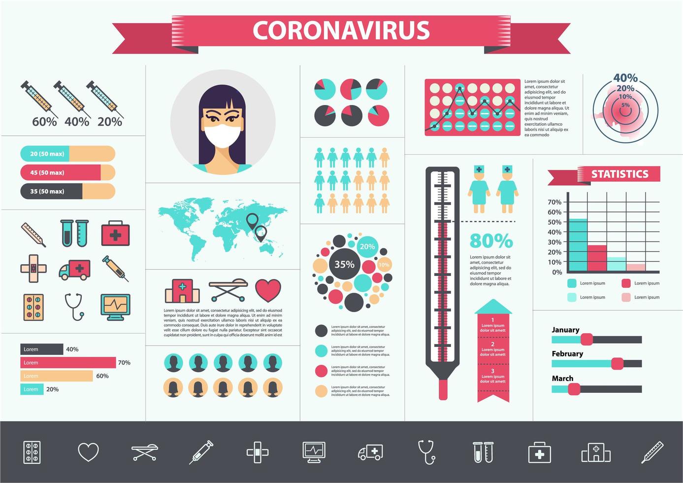 Vector medical, coronavirus, virus infographics set. CoV icons, elements, charts, banners