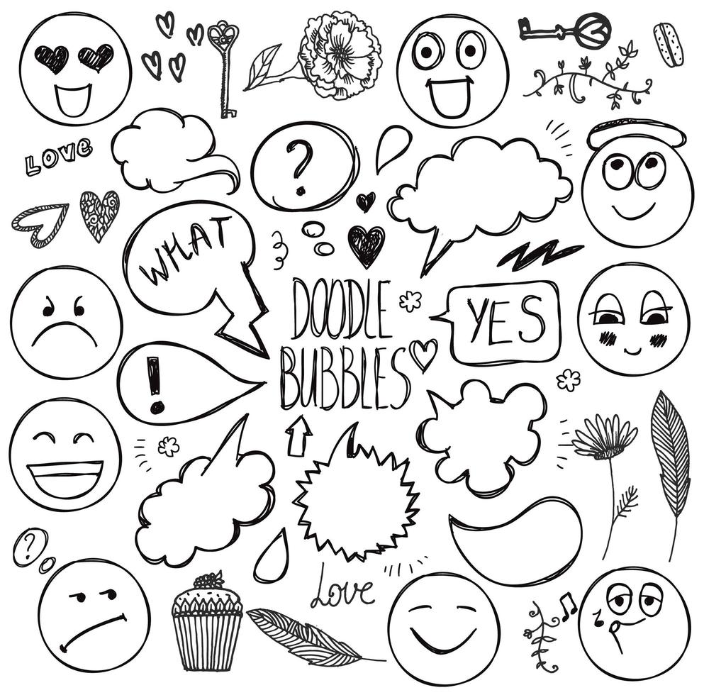 Vector set of hand drawn doodle bubbles, faces, moods, flowers, keys and other design elements.