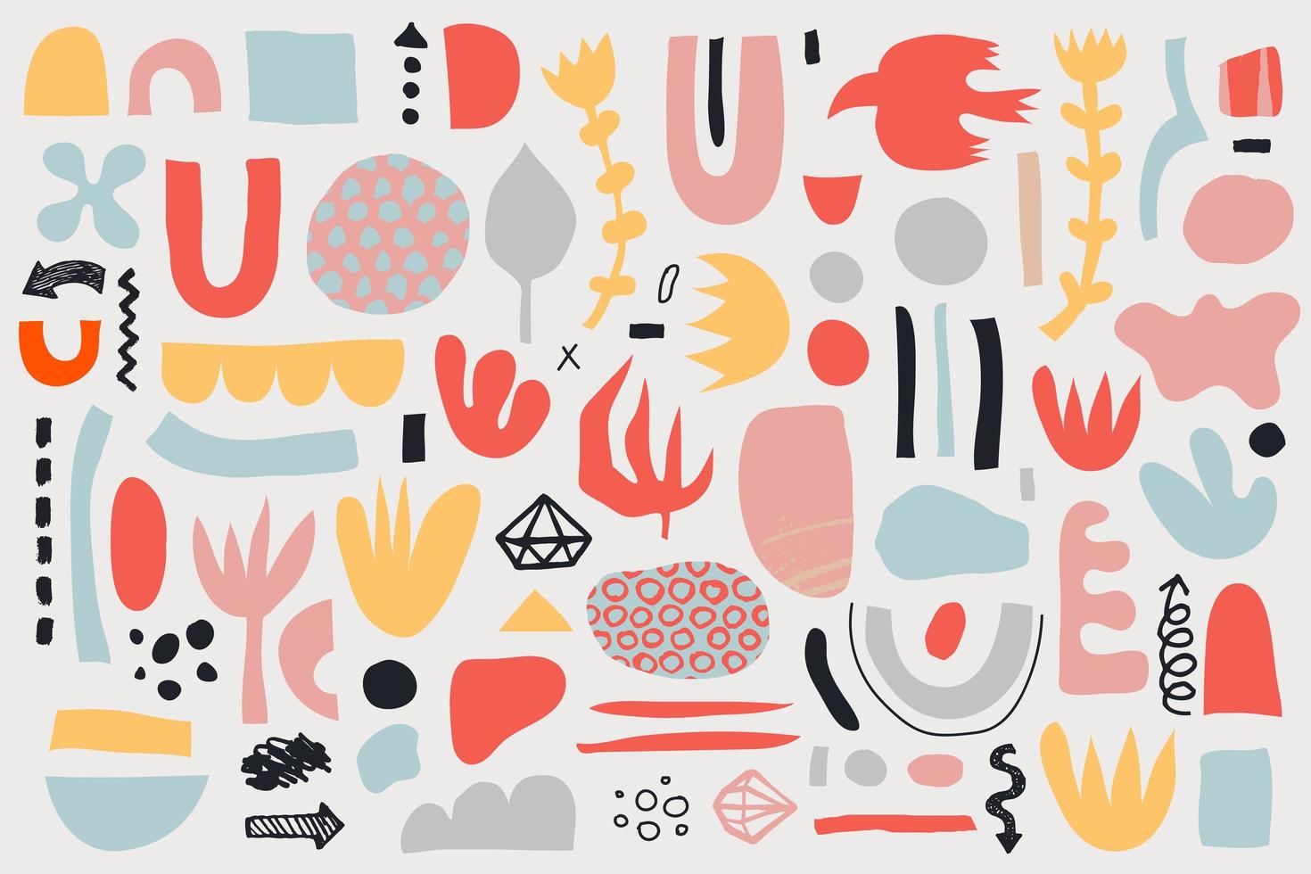 Vector collage pattern, background. Hand drawn various shapes and doodle objects, flowers, leaves. Abstract contemporary modern trendy illustration