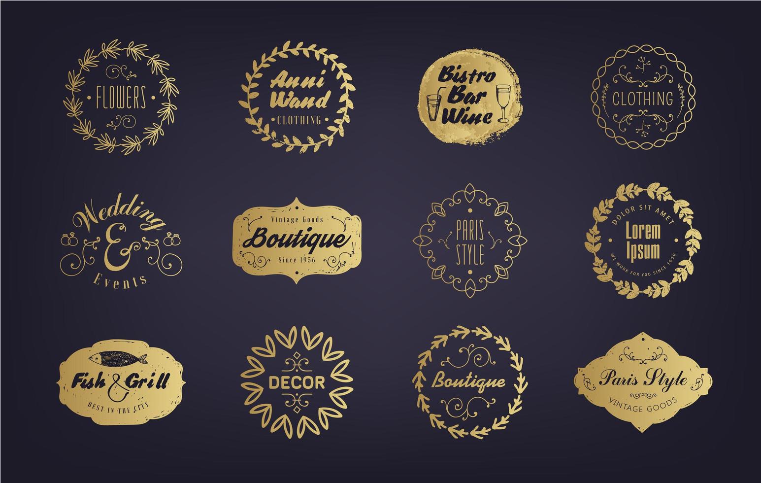 Vector set of vintage golden business badges, logos, shop labels, bar, boutique