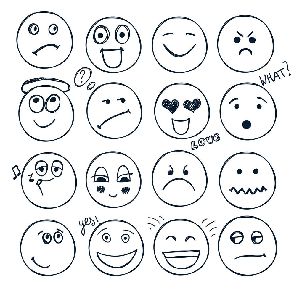vector set of hand drawn faces, moods isolated. Doodle