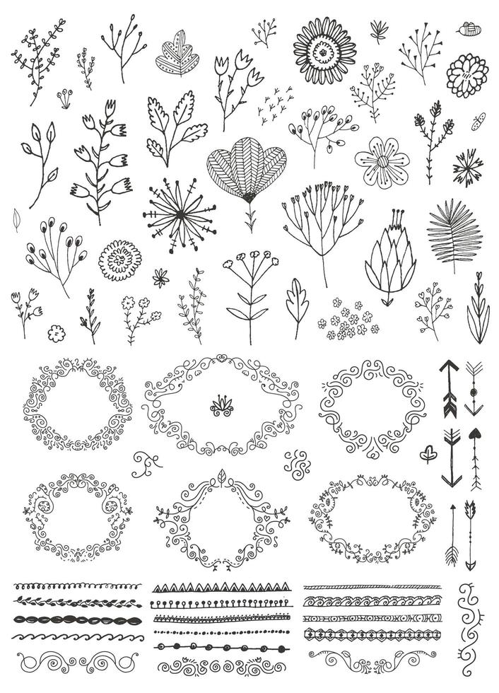 Vector set of hand drawn doodle flowers, florals, leaves. Line drawing. Graphic collection with fantasy field herbs. Botanical elements for design. Wreaths, laurels, dividers