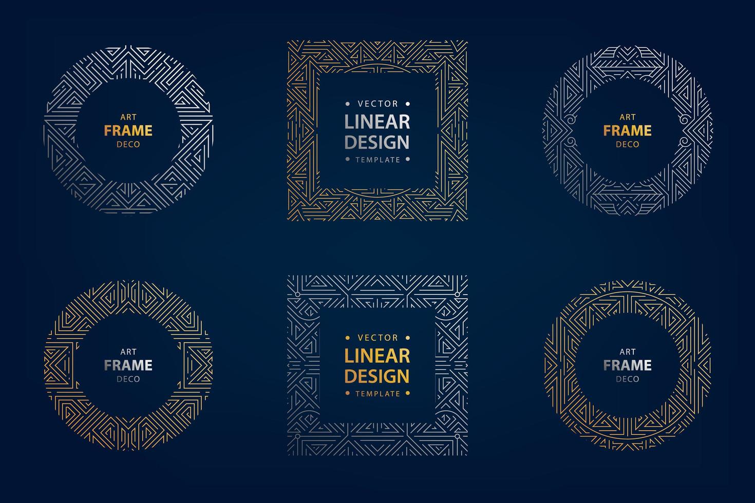 Vector set of art deco linear square, round borders, frames, decorative design templates. Creative template in classic retro style of 1920s. Use for packaging, advertising, as banner.