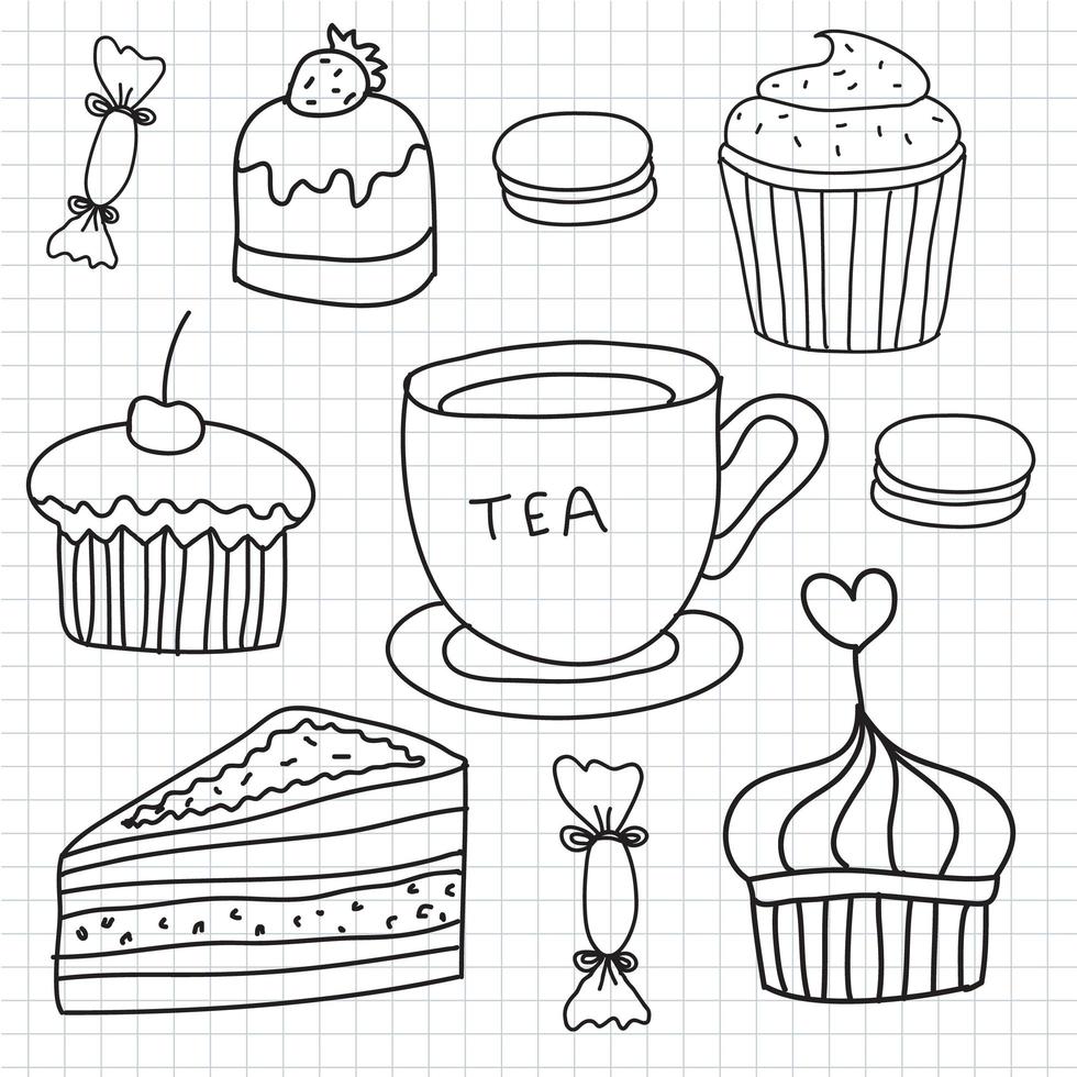 conjunto vectorial de pasteles dibujados a mano, dulces, taza de té vector
