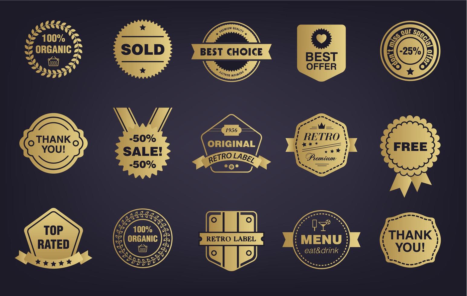 conjunto vectorial de tienda dorada vintage, insignias retro, etiquetas, etiquetas. letreros de tiendas vector