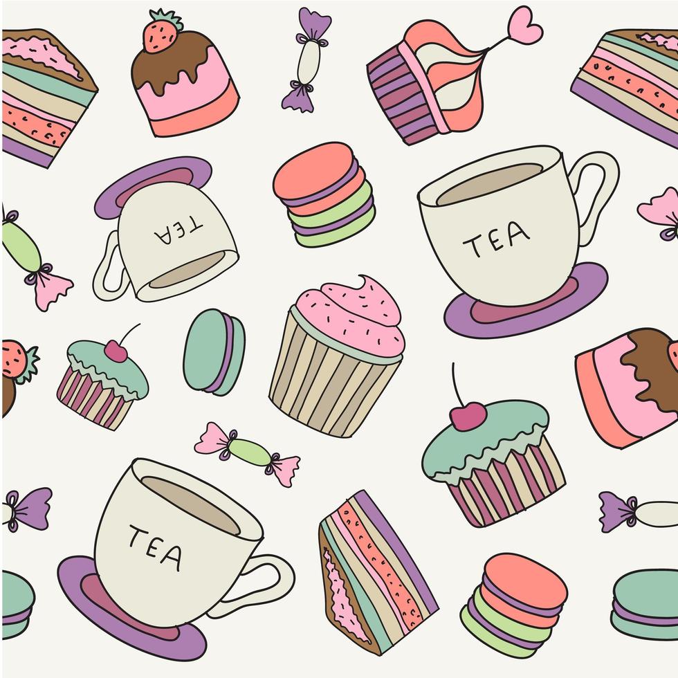 tortas dibujadas a mano vectorial, dulces, macarrones, taza de té de fondo transparente vector