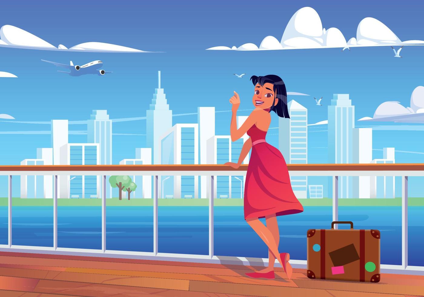 Caucasian young woman on cruise deck on sea with city skyline view vector