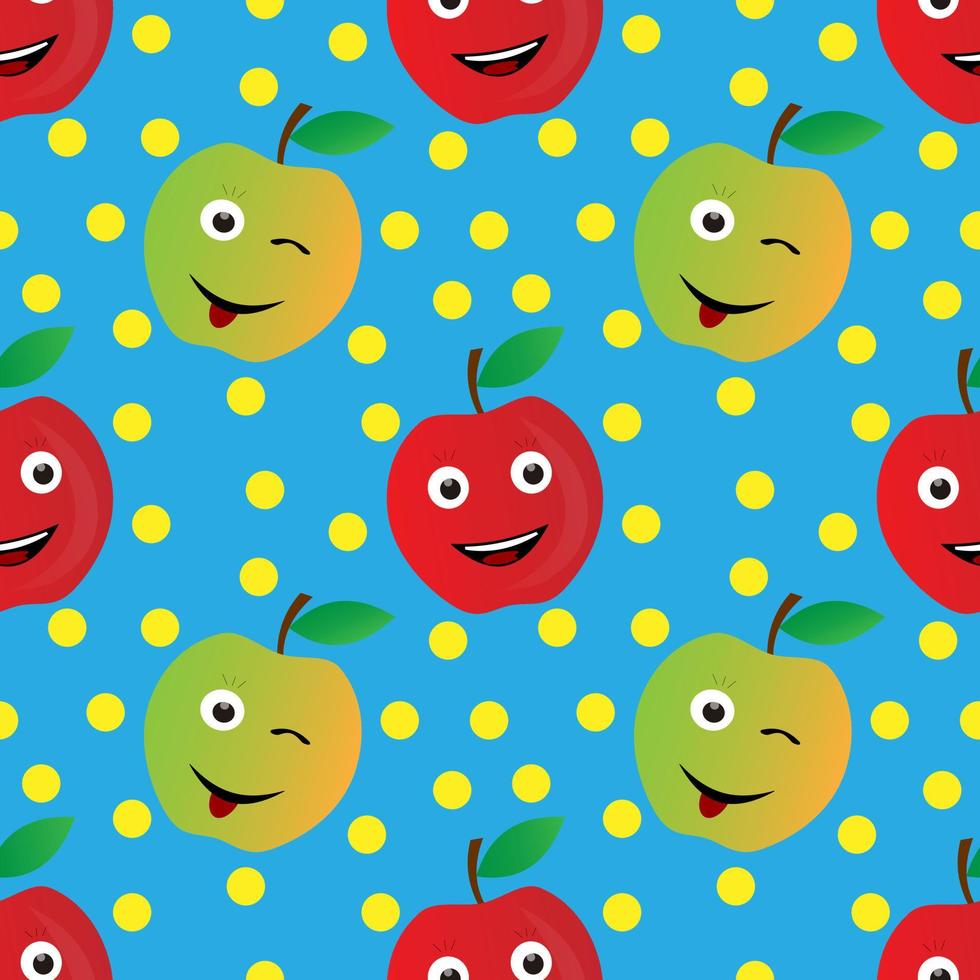 apple fruit vector design with cartoon face character .blue background. seamless pattern design for wallpaper, backdrop, cover, print design and your design needs.