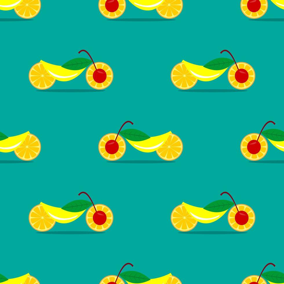 seamless pattern orange, banana and cherry fruit vector design. blue background. design for wallpaper, backdrop, cover, print design and your design needs.