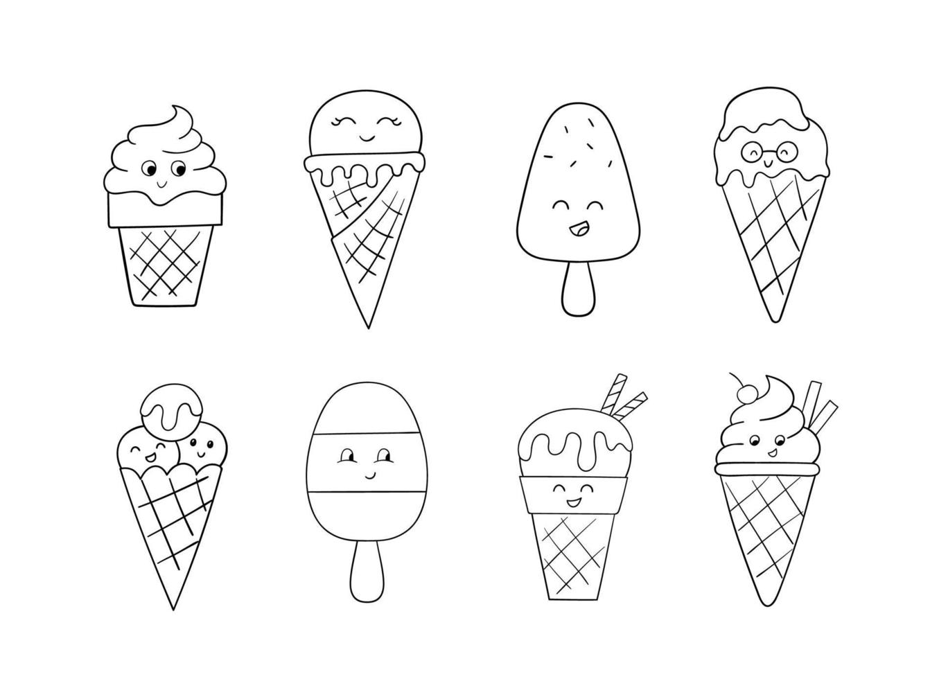 Cute ice cream characters set. Doodle sketch. Linear illustration isolated on white background