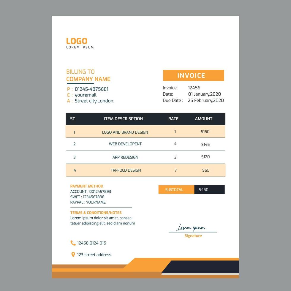Flat corporate invoice template design vector