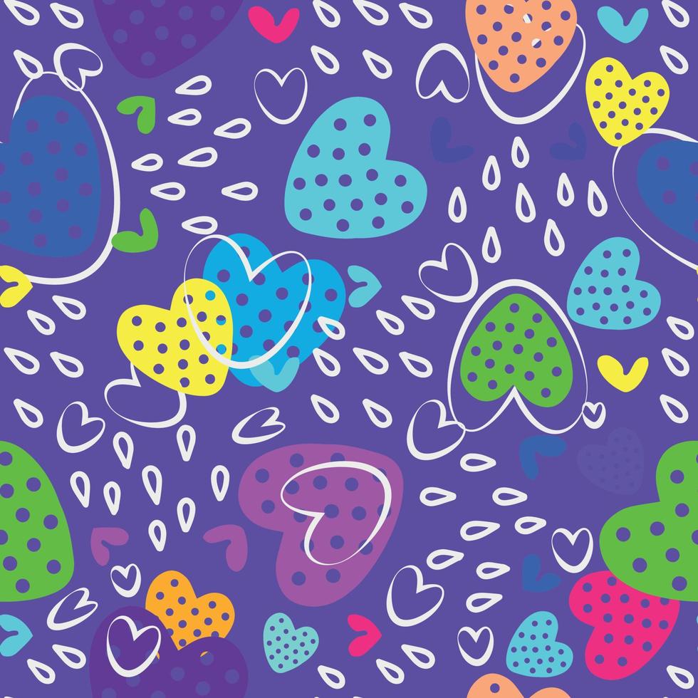 Bright neon pattern with hearts, raindrops and doodles. Vector illustration