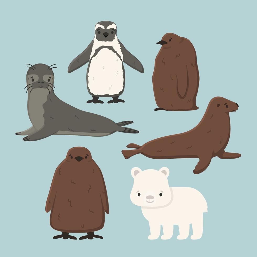 conjunto de pingüinos vectoriales, pollito de pingüino rey, lobo marino, cachorro de oso polar, pequeño sello común. pequeños dibujos animados aislados lindos animales marinos y oceánicos para niños libro, pegatinas o estampados para ropa vector