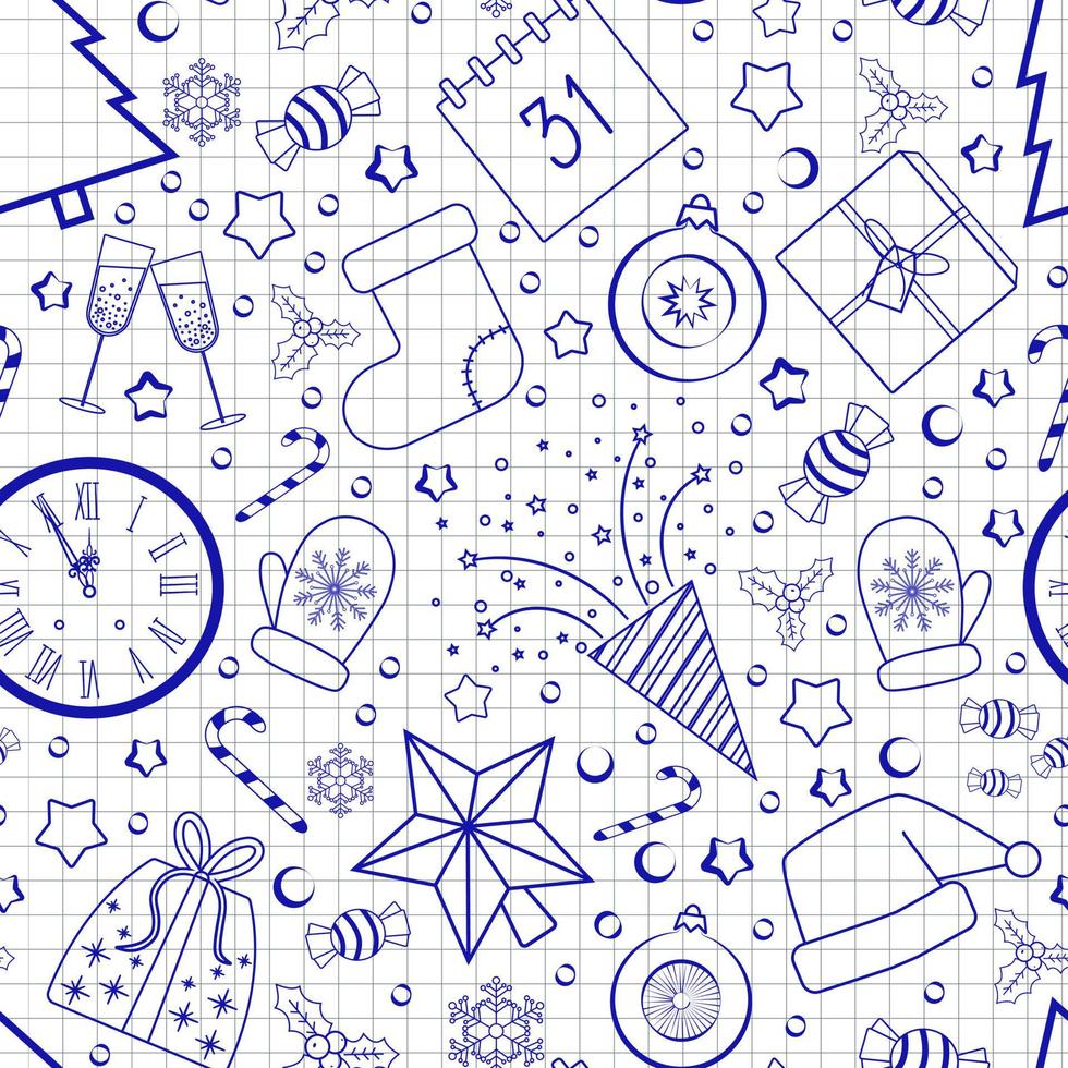 seamless New Year pattern blue doodles on checkered paper like in a notebook vector