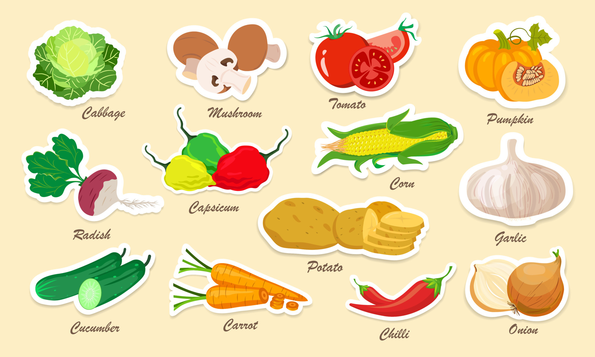 Set of fresh vegetables stickers 5146514 Vector Art at Vecteezy