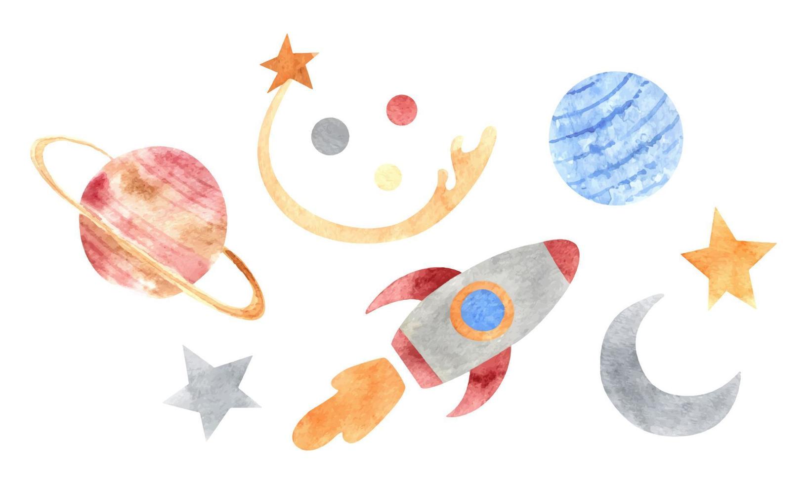 Cosmic set with planets stars rocket and moon watercolor hand draw space illustration vector