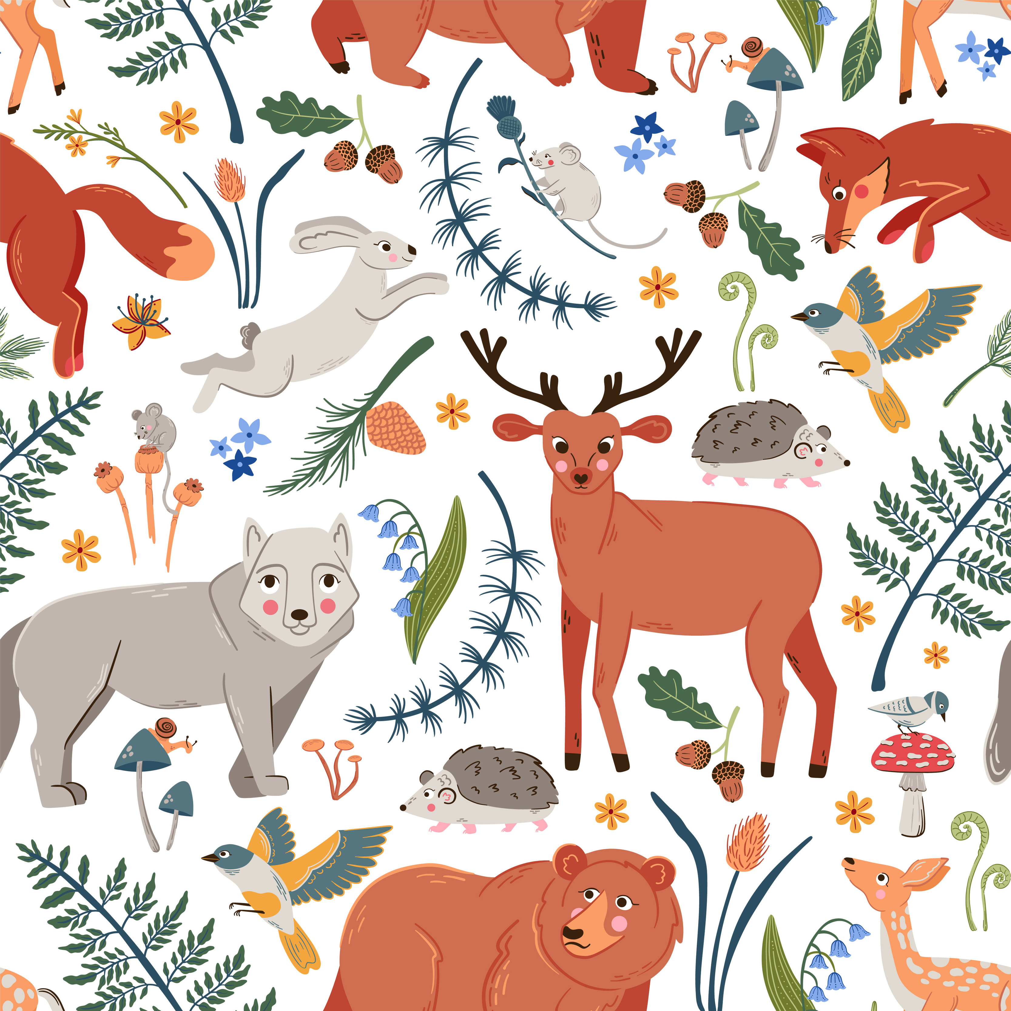 Cute forest animals seamless pattern. Woodland hand drawn vector