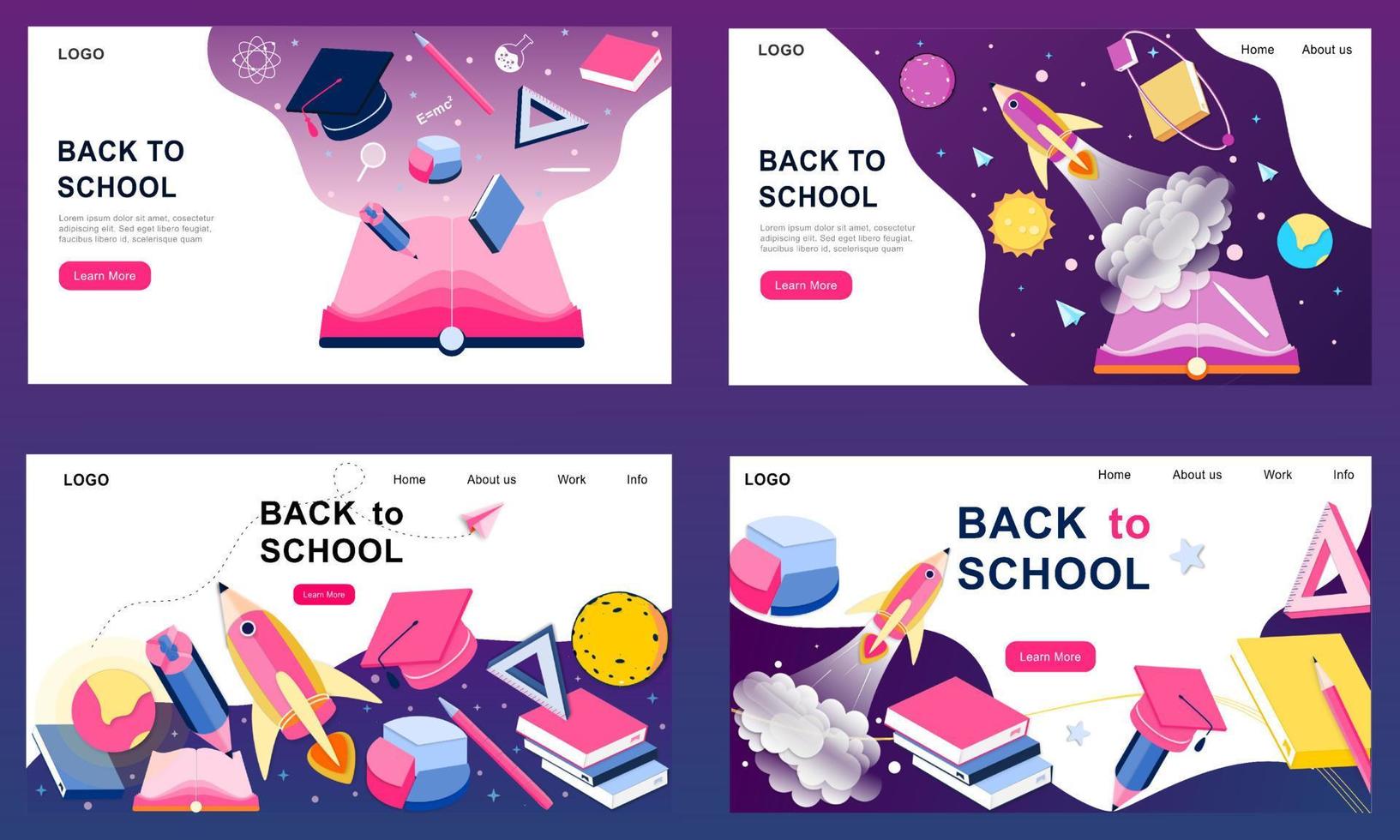 Set of 3d landing page design templates for back to school, course, class, education in galaxy space imagination. Modern vector illustration concept for poster, banner, promotion, big sale, discount.