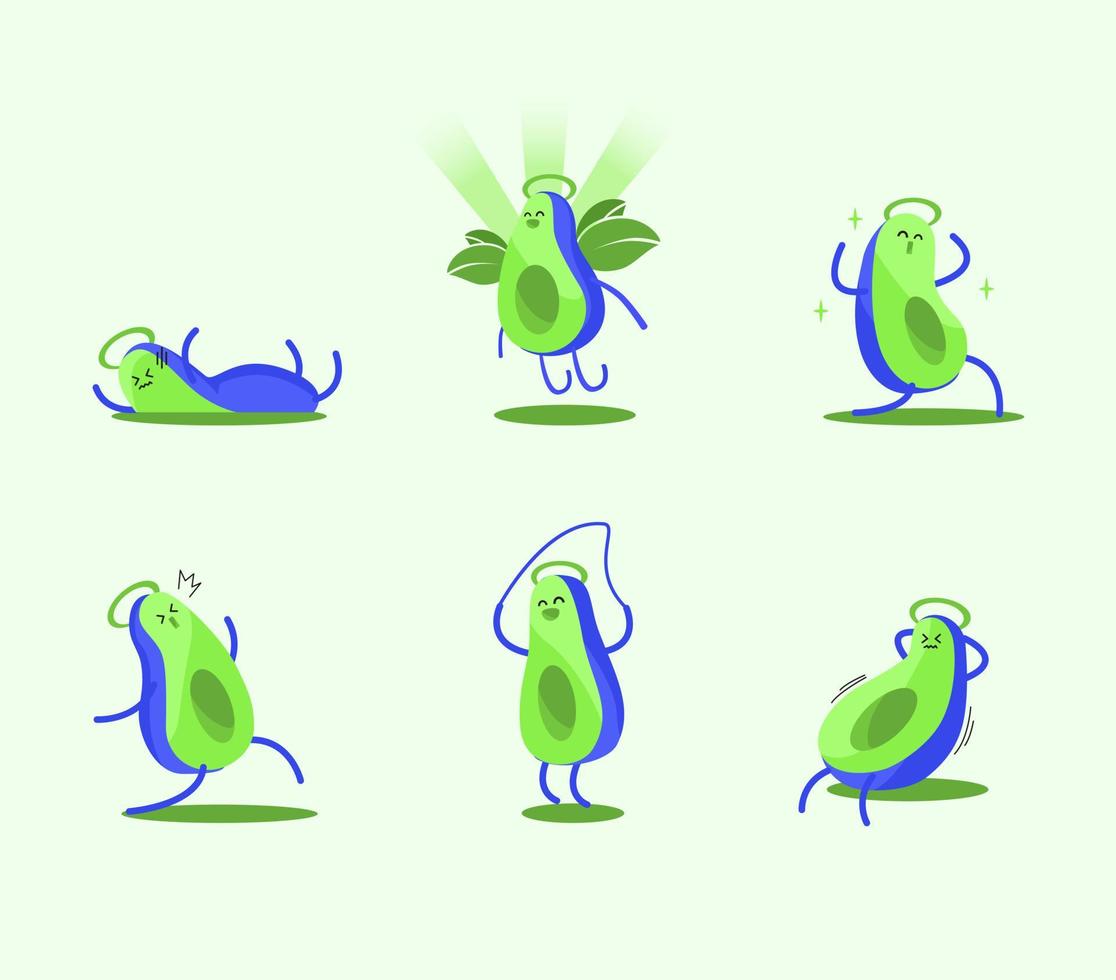 personaje de caricatura de aguacate ejerciendo expresión verde llena de gestos, formato eps vector