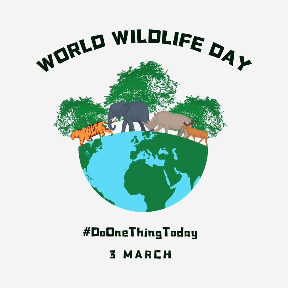 flat world wildlife day illustration with earth, animals, and tree vector