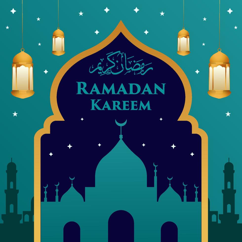 vector flat design ramadan kareem illustration with mosque, stars, candle lantern and frame