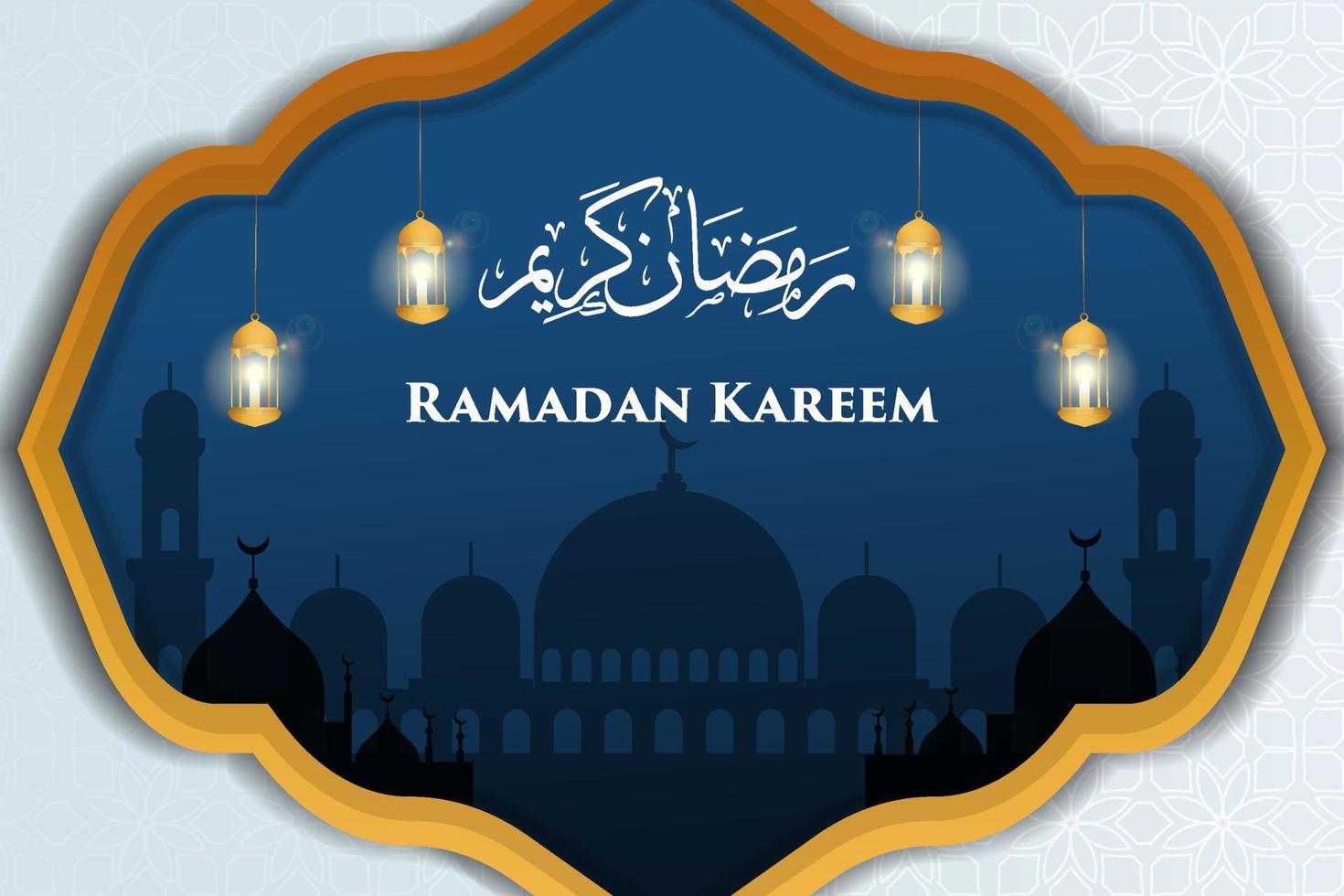 ramadan kareem illustration design with silhouette mosque and candle lantern in frame vector