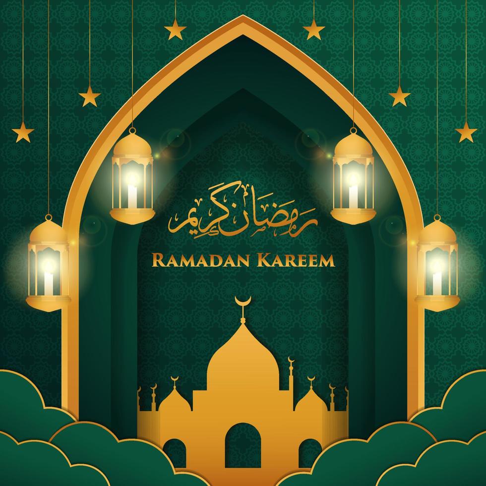 realistic ramadan kareem illustration vector design with candle lanterns and stars