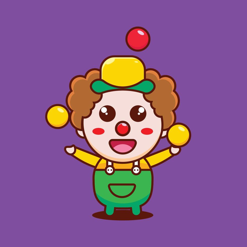 dibujos animados lindo pequeño payaso de pie jugando a la pelota con una sonrisa, ilustración de vector de icono