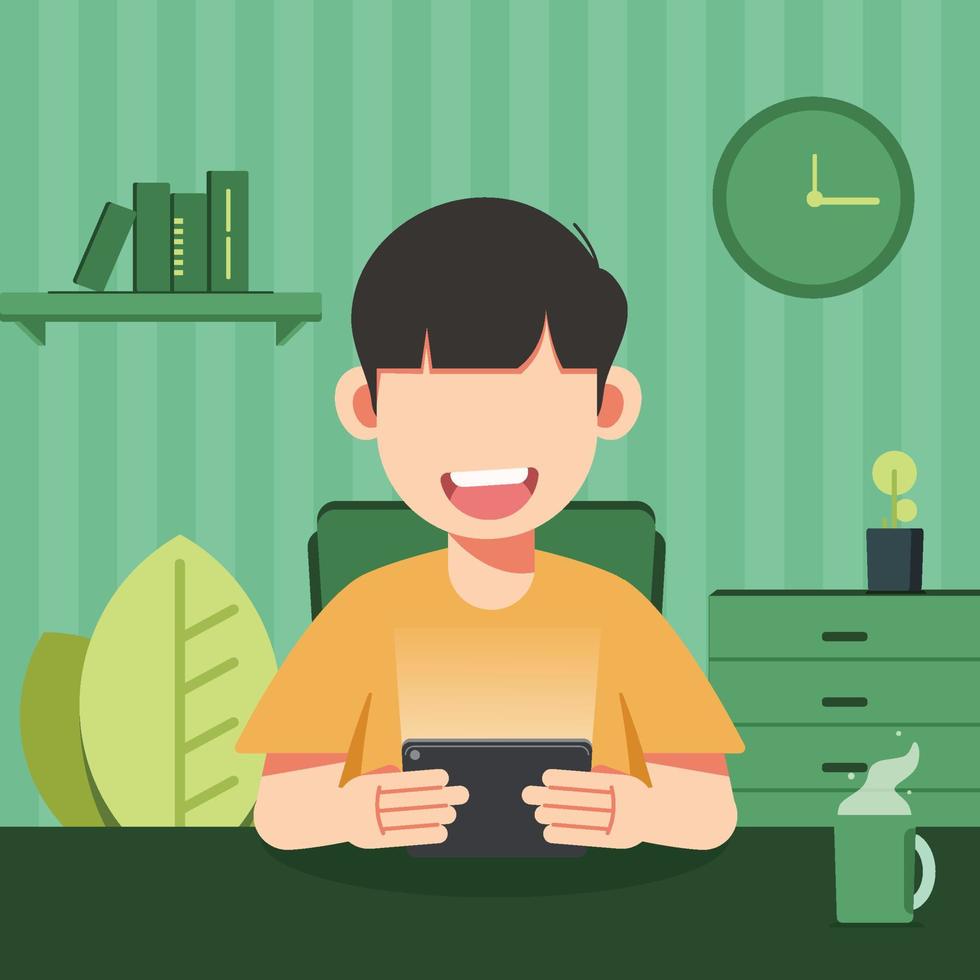 young man watching using tablet, flat cartoon vector illustration