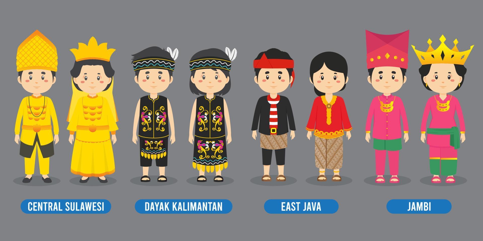 personaje en diferentes trajes tradicionales indonesios. vector