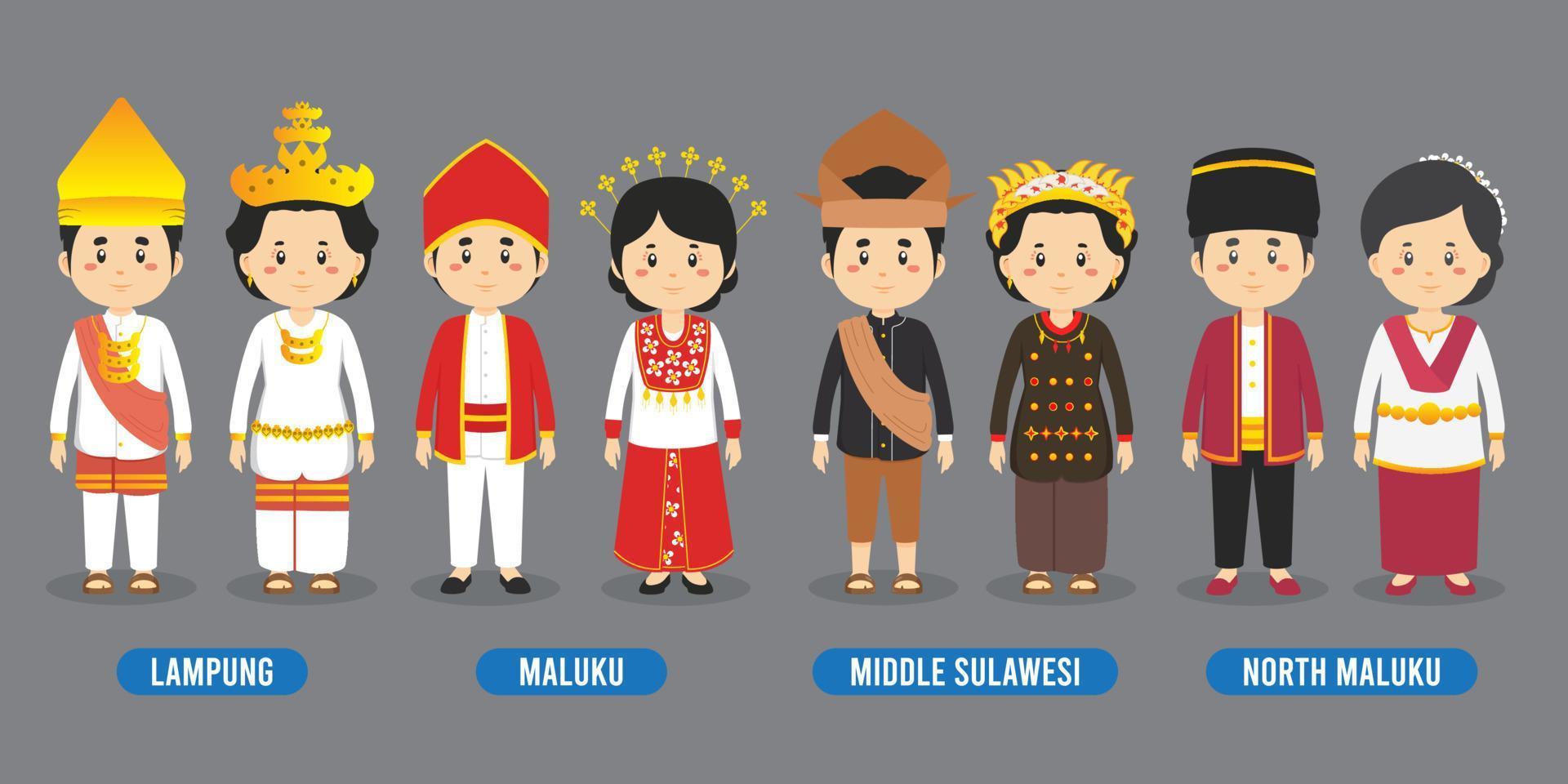personaje en diferentes trajes tradicionales indonesios. vector