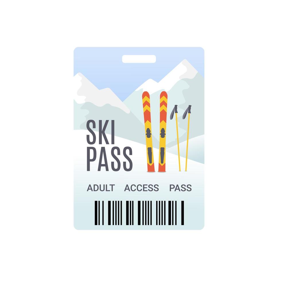 Ski pass template with barcode. Mountain landscape background with ski and ski sticks. Flat style vector