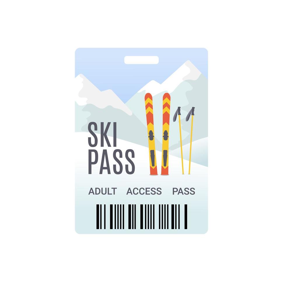 Ski pass template with barcode. Mountain landscape background with ski and ski sticks. Flat style vector