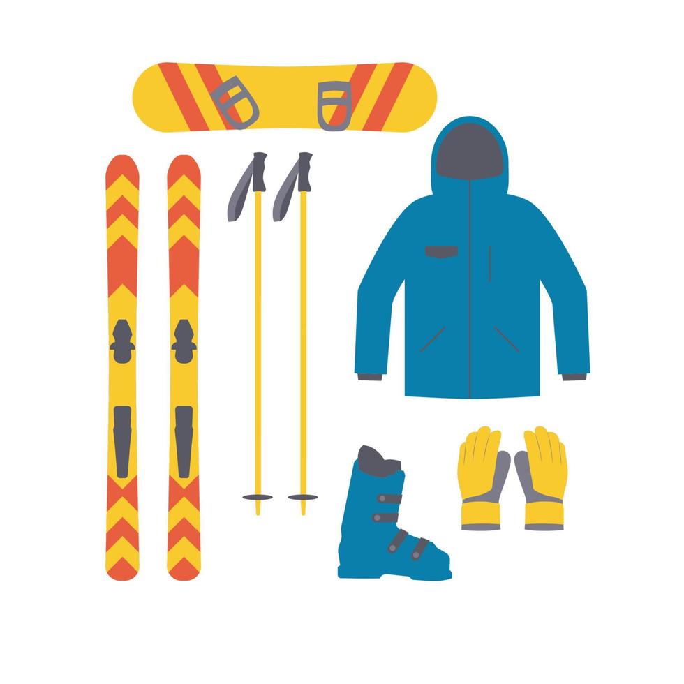 conjunto de equipos de esquí. colección de deportes de invierno. elementos para la imagen de la estación de esquí, actividades de montaña. vector