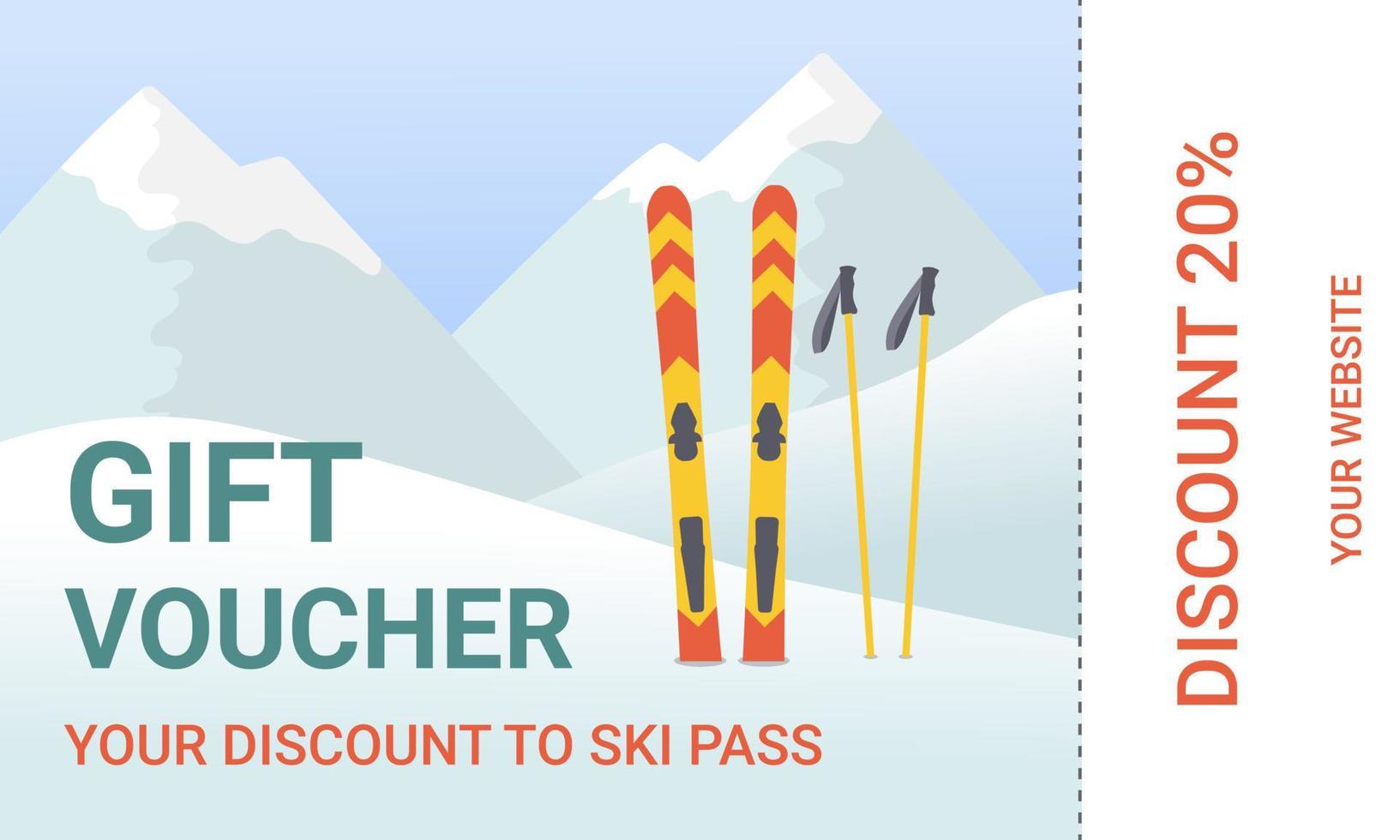 Template of gift voucher for ski pass. Mountains, ski and ski poles. Discount card. vector