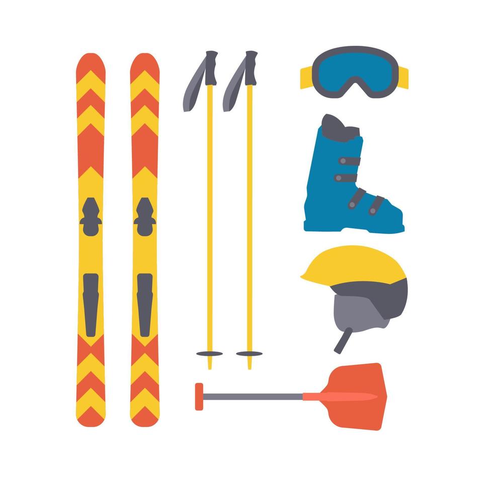 Skiing equipment set. Winter sport collection. Elements for ski resort picture, mountain activities. vector