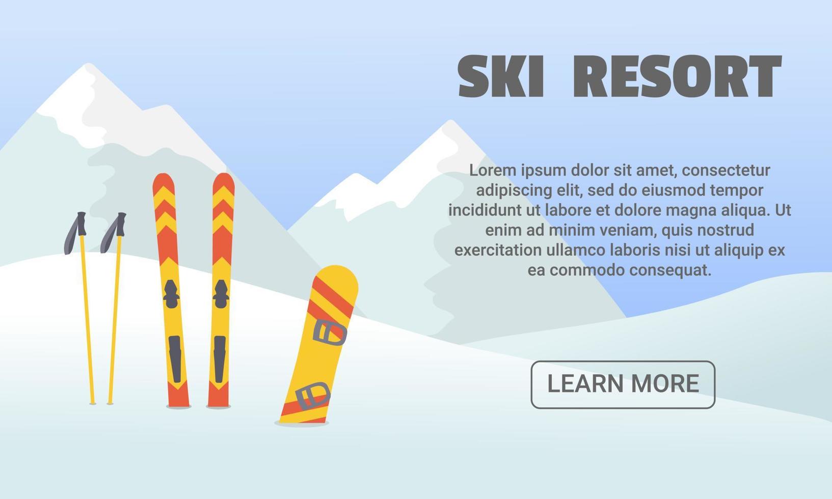 Ski resort landing page template. Winter activities banner design. Winter mountain landscape with ski, ski sticks and snowboard vector