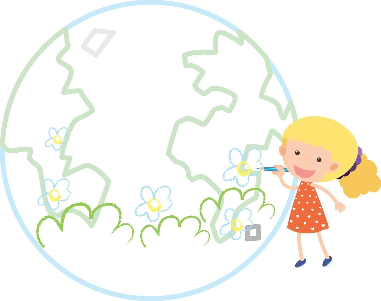 Little girl drawing earth globe on white background vector