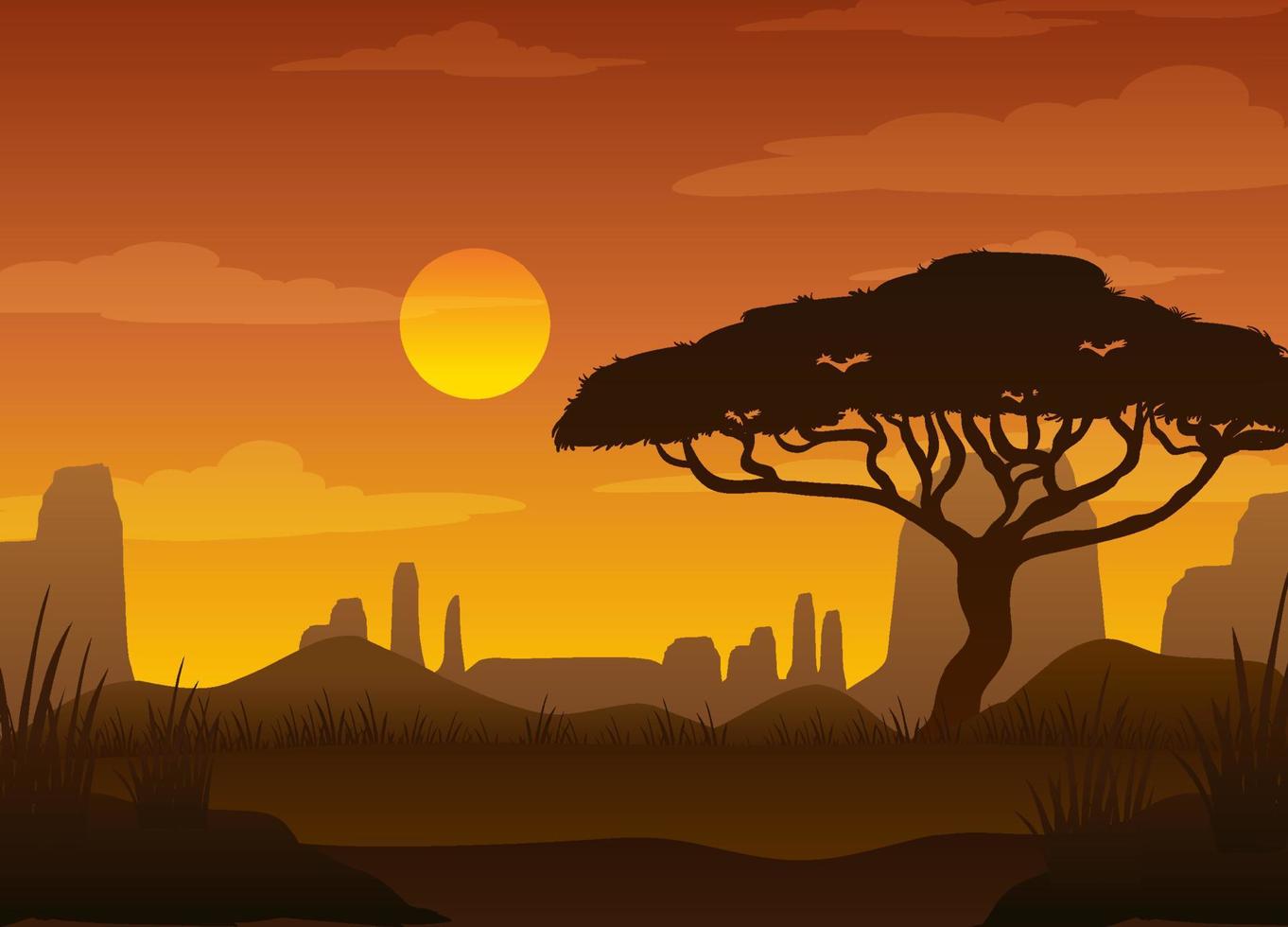 Silhouette savanna forest at sunset time vector