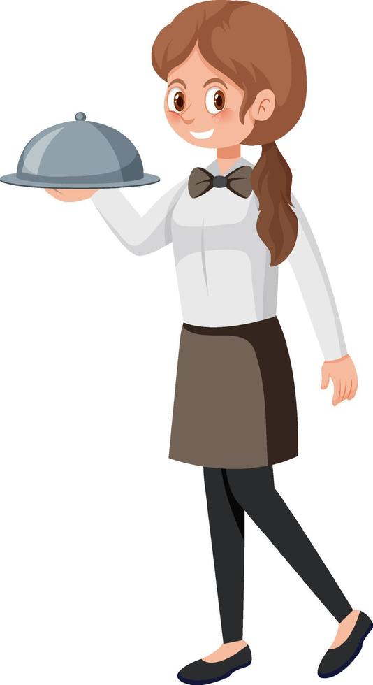 A young waitress serving food white background vector