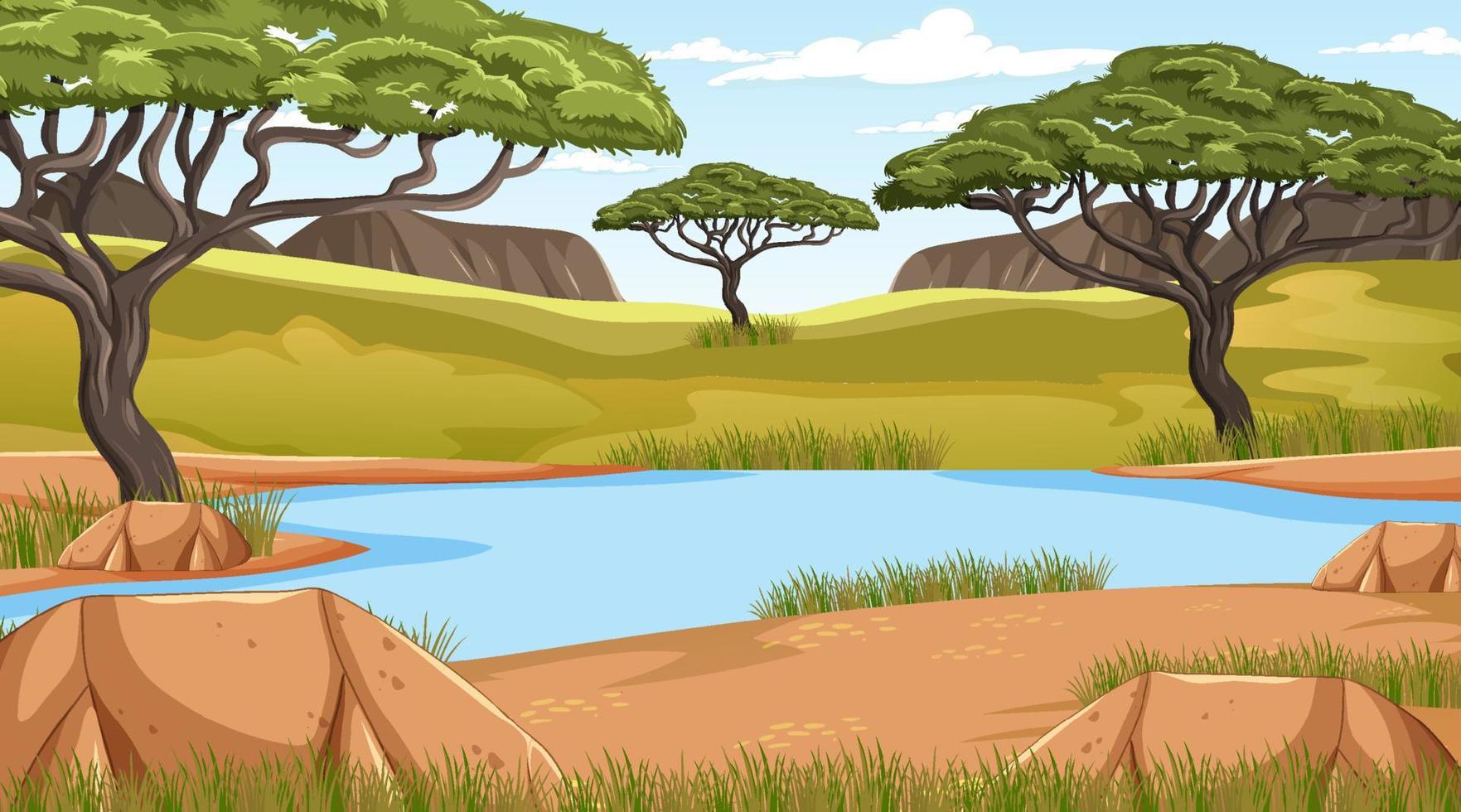 paisaje de bosque de sabana con río y árboles vector