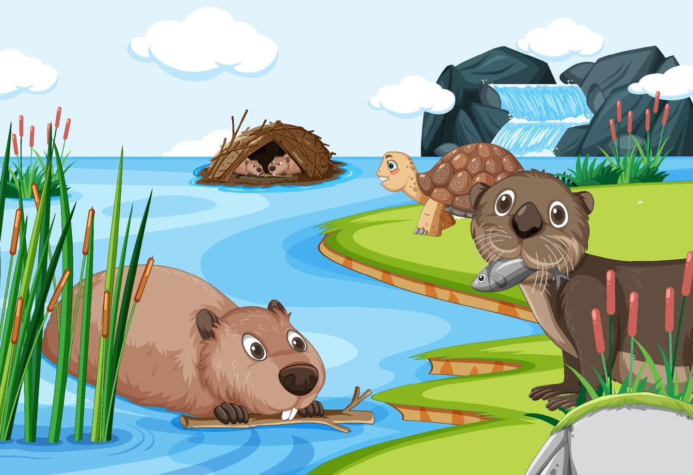 An otter with beavers and a tortoise in the forest background vector