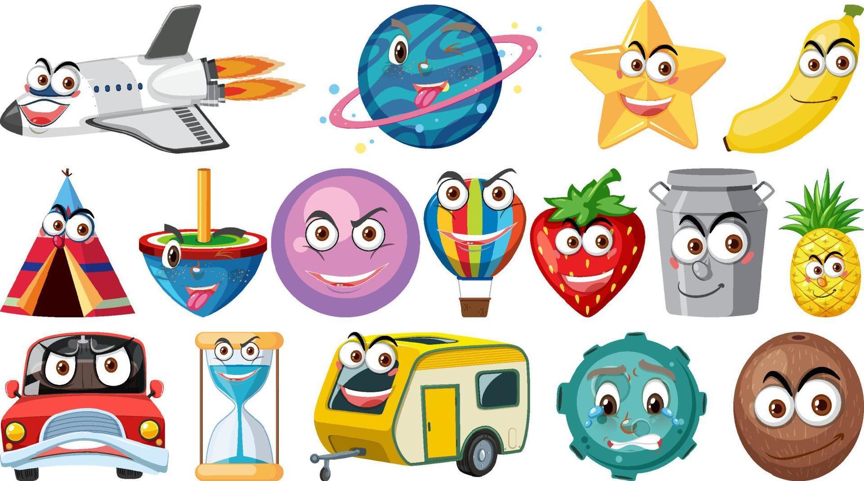 conjunto de diferentes objetos de juguete con caras sonrientes vector