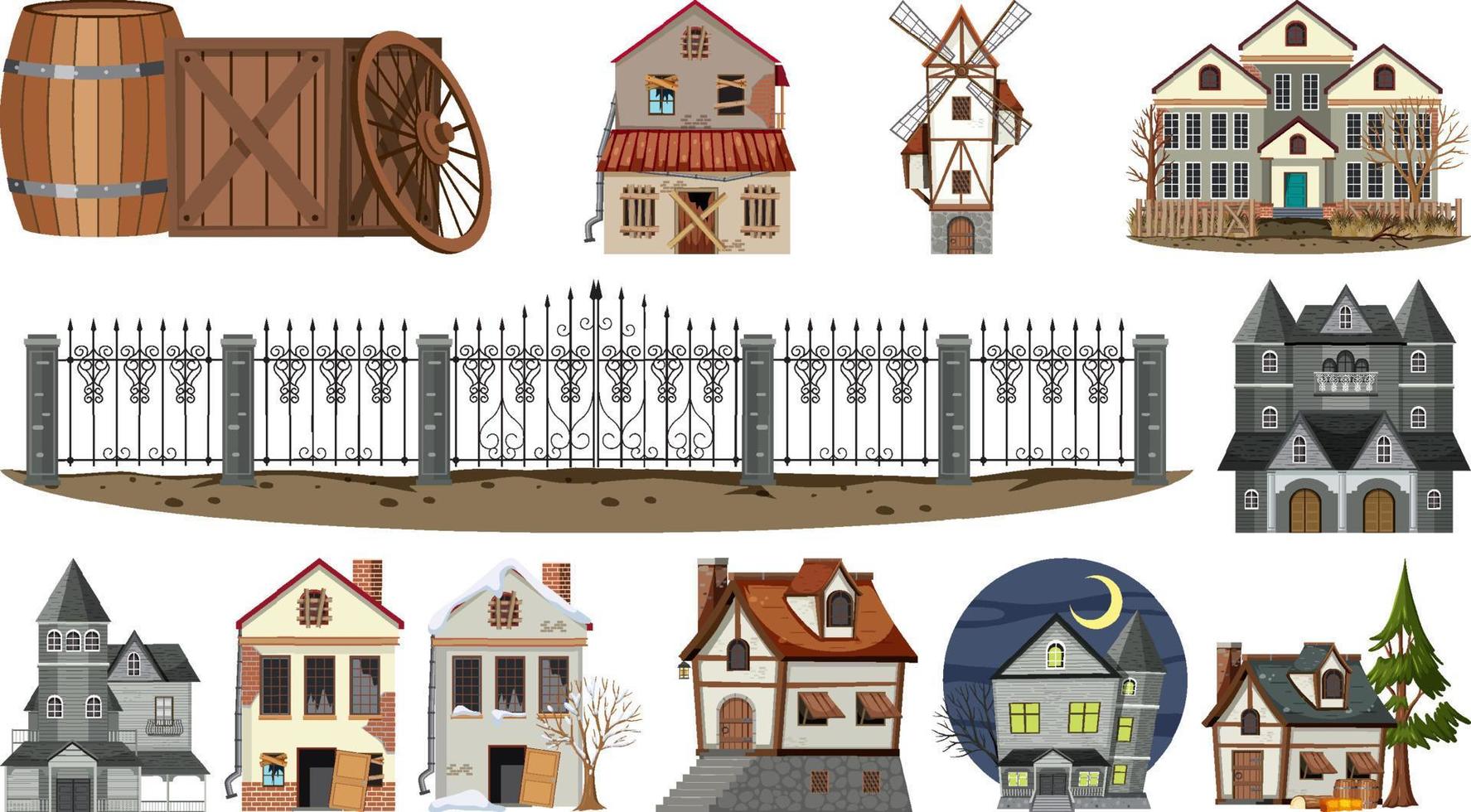 conjunto de casas y edificios abandonados. vector