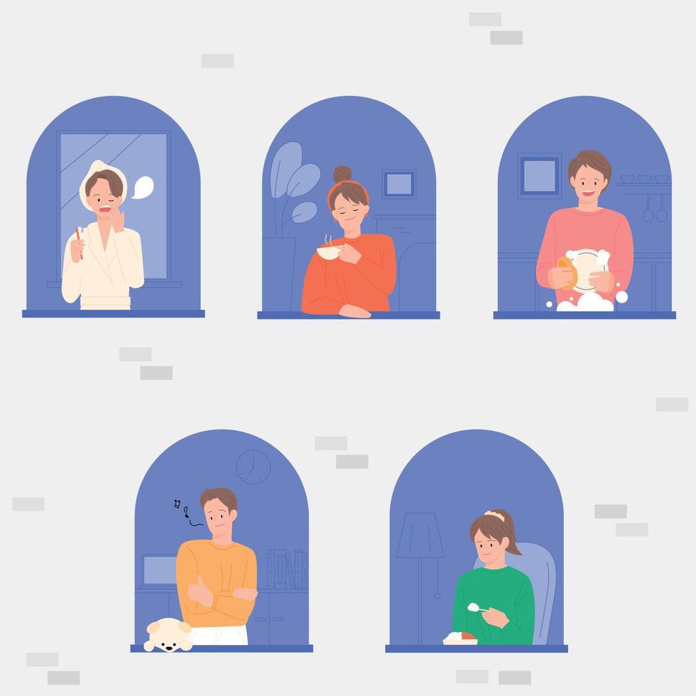 Neighbors seen through apartment windows. Everyone has a different lifestyle vector