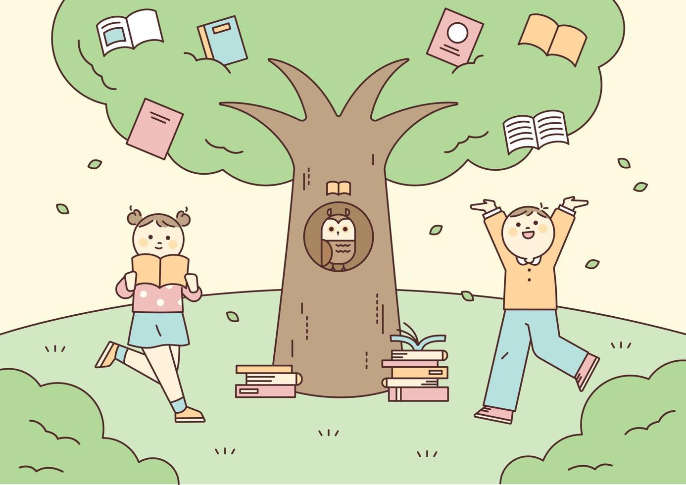 Cute children are studying in front of a big tree. A book is hanging on the tree. vector