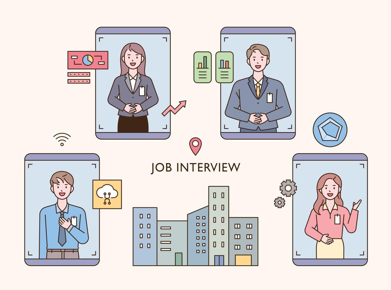 Candidates for a new company are interviewing on mobile. vector