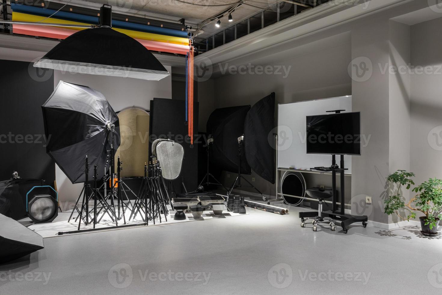 Interior of a modern photo studio. Technics and equipment