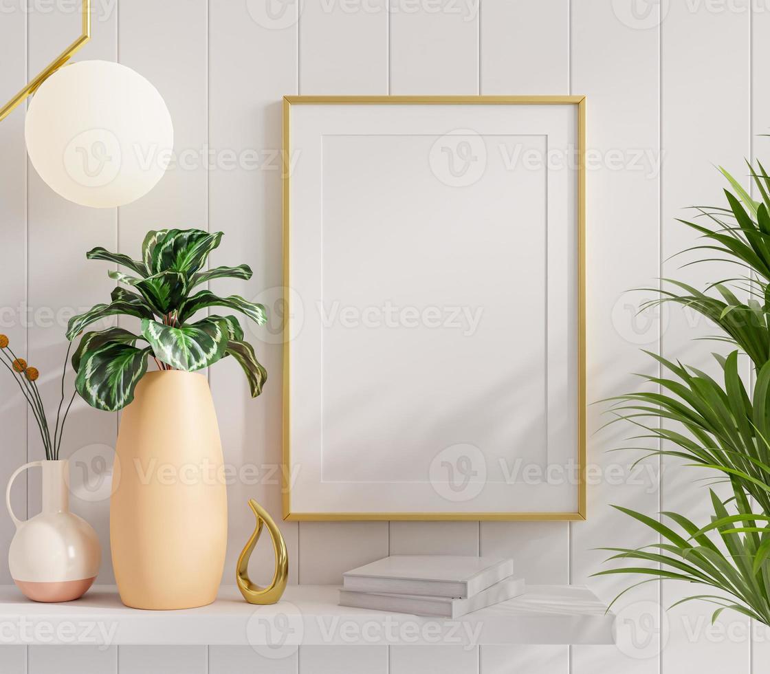 Poster mockup with vertical gold frame in home interior background. photo